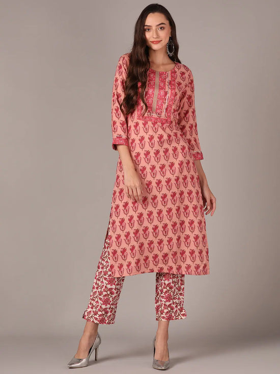 Ahika Women Peach Cotton Blend Ethnic Motifs Printed Straight Kurta With Trouser