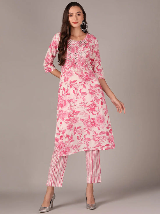 Ahika Women Pink Cotton Blend Floral Yoke Design Straight Kurta With Trouser