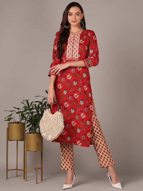 Ahika Women Red Cotton Blend Floral Printed Straight Kurta With Trouser