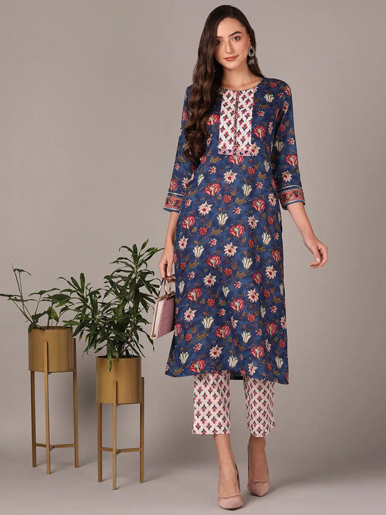 Ahika Women Blue Cotton Blend Floral Printed Straight Kurta With Trouser