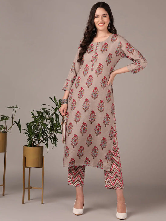 Ahika Women Grey Cotton Blend Ethnic Motifs Printed Gotta Patti Straight Kurta with Trouser