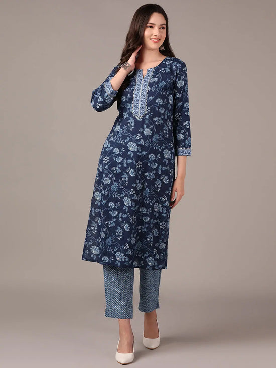 Ahika Women Navy Blue Cotton Blend Floral Printed Gotta Patti Straight Kurta with Trouser