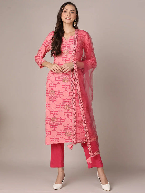 Ahika Women Pink Viscose Rayon Geometric Printed Straight Kurta Trouser With Dupatta-VKSKD1990_XS