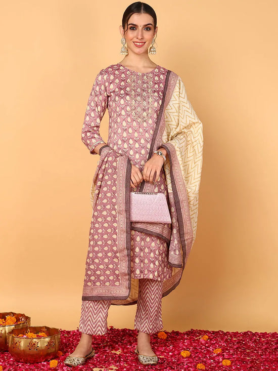 Ahika Women Mauve Silk Blend Ethnic Motifs Printed Straight Suit Set