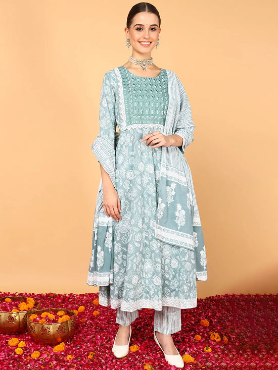 Ahika Women Sea Green Pure Cotton Ethnic Motifs Yoke Design Flared Kurta Trouser With Dupatta