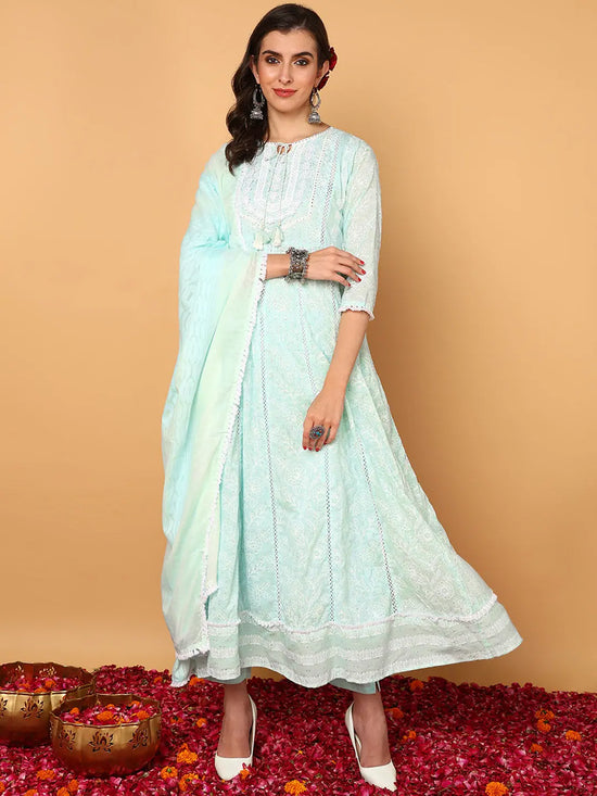 Ahika Women Sea Green Pure Cotton Floral Yoke Design Flared Kurta Trouser With Dupatta