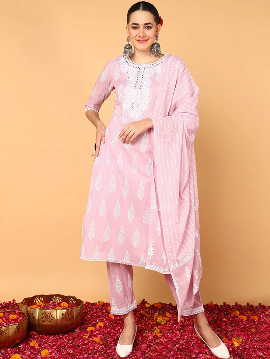 Ahika Women Pink Pure Cotton Ethnic Motifs Printed Straight Kurta Trouser With Dupatta-VKSKD2119_M