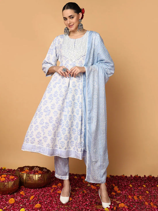 Ahika Women Blue Viscose Rayon Ethnic Motifs Printed Flared Kurta Trouser With Dupatta