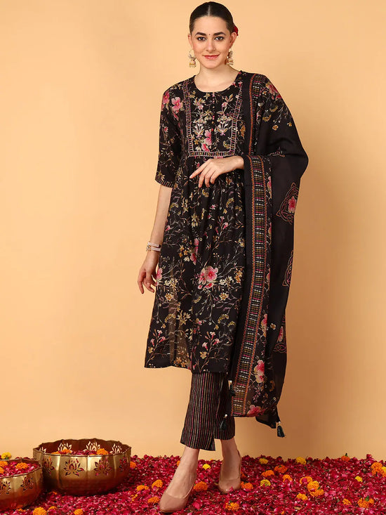 Ahika Women Black Poly Chanderi Floral Printed Flared Kurta Trouser With Dupatta