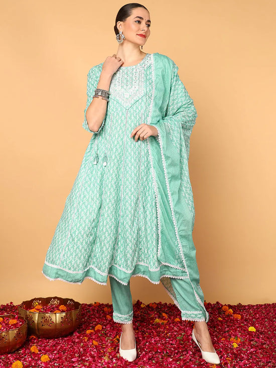 Ahika Women Sea Green Viscose Rayon Ethnic Motifs Printed Flared Kurta Trouser With Dupatta