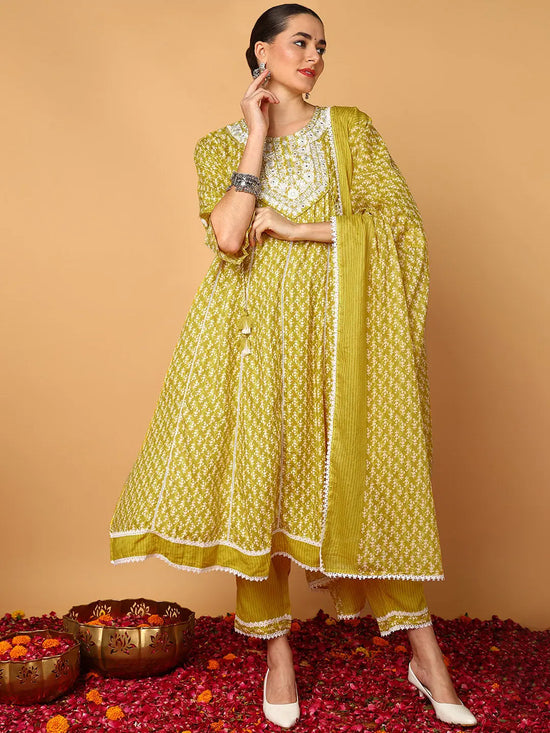 Ahika Women Yellow Viscose Rayon Ethnic Motifs Printed Flared Kurta Trouser With Dupatta