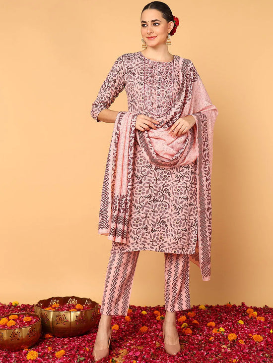 Ahika Women Pink Silk Blend Floral Printed Straight Kurta Trouser With Dupatta