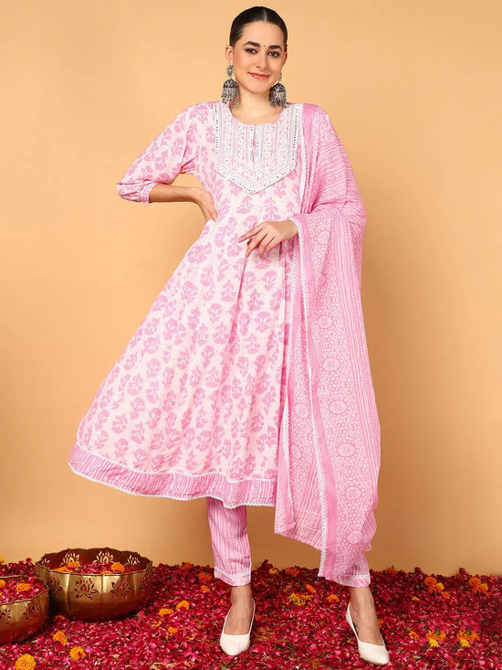 Ahika Women Pink Viscose Rayon Ethnic Motifs Printed Flared Kurta Trouser With Dupatta