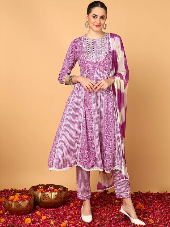 Ahika Women Purple Viscose Rayon Ethnic Motifs Yoke Design Flared Kurta Trouser With Dupatta