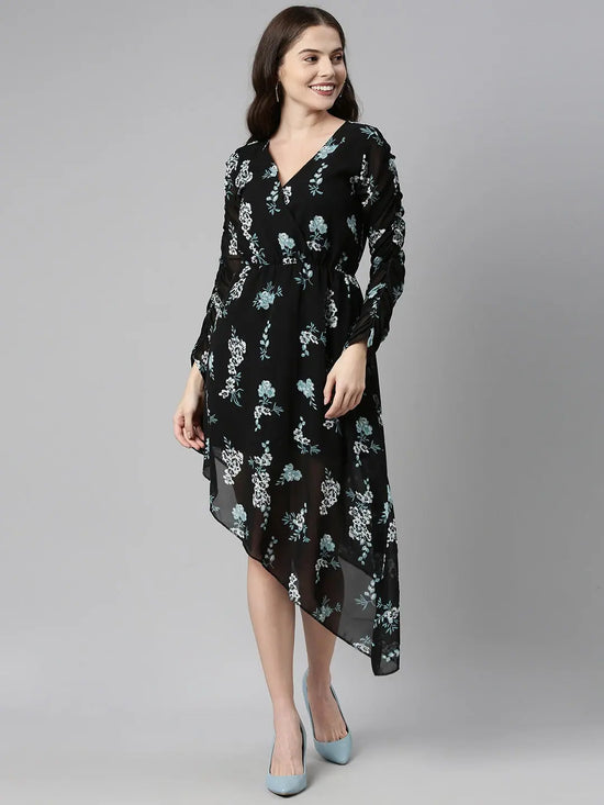 Ahika Women Black & Blue Floral Print Wrap Midi Dress