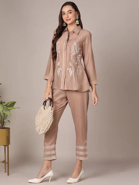 Ahika Women Nude Viscose Rayon Solid Thread Work Shirt with Trousers