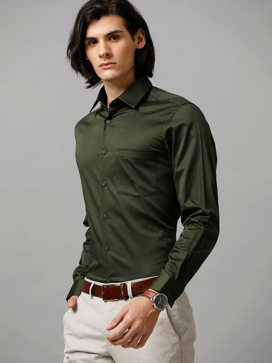 Men Slim fit Solid Formal Olive Shirt