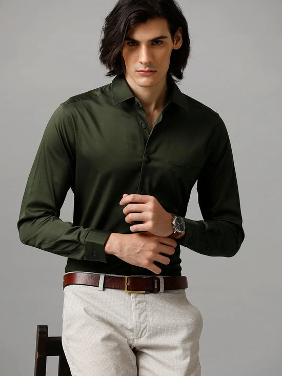 Men Slim fit Solid Formal Olive Shirt