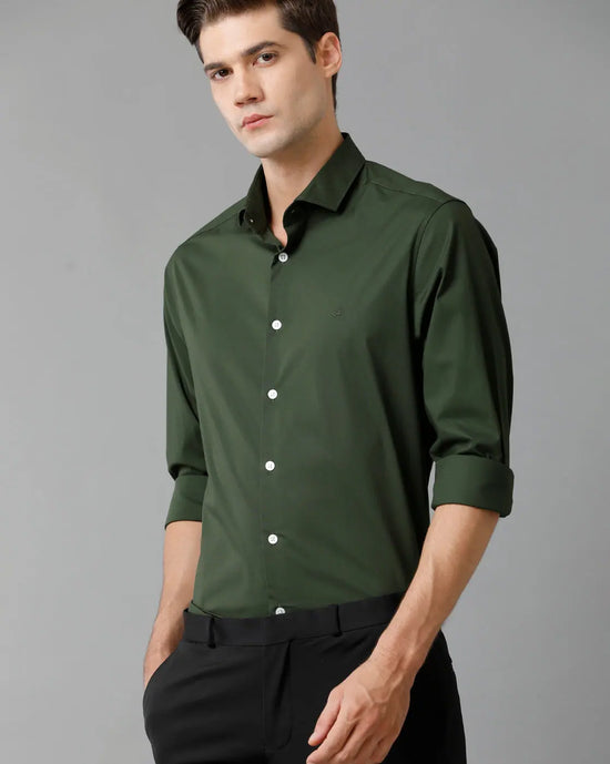 Mens Slim Fit Solid Green Formal Satin Shirt