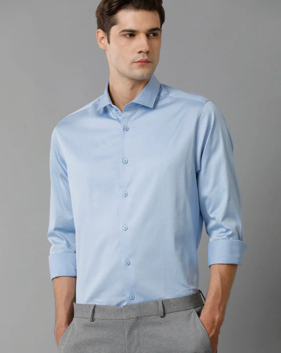 Mens Regular Fit Solid Blue Formal Satin Shirt