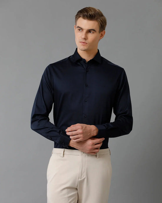 Mens Regular Fit Solid Navy Formal Satin Shirt