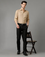 Mens Regular Fit Solid Beige Casual Linen Shirt-LEYTO- S