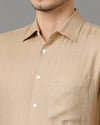 Mens Regular Fit Solid Beige Casual Linen Shirt-LEYTO- S