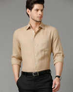 Mens Regular Fit Solid Beige Casual Linen Shirt-LEYTO- S