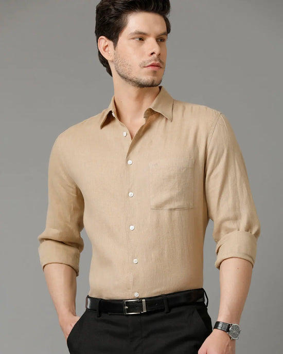 Mens Regular Fit Solid Beige Casual Linen Shirt-LEYTO- S