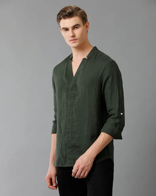 Mens Regular Fit Solid Green Casual Linen Shirt-LAZLO- S