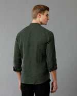 Mens Regular Fit Solid Green Casual Linen Shirt-LAZLO- S