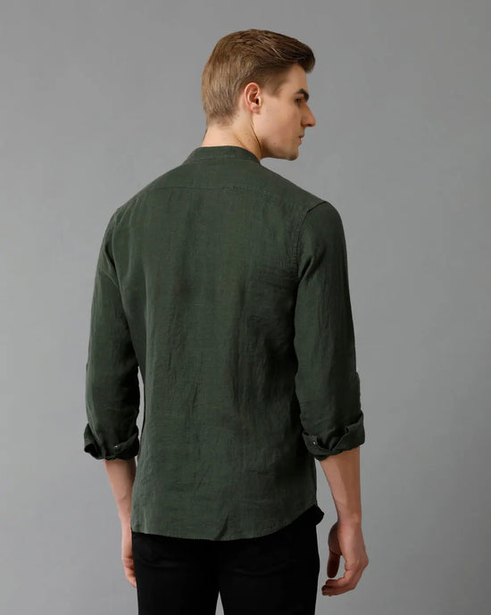 Mens Regular Fit Solid Green Casual Linen Shirt-LAZLO- S