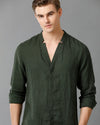 Mens Regular Fit Solid Green Casual Linen Shirt-LAZLO- S