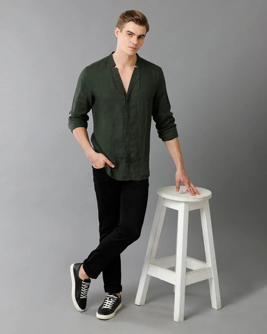 Mens Regular Fit Solid Green Casual Linen Shirt-LAZLO- S