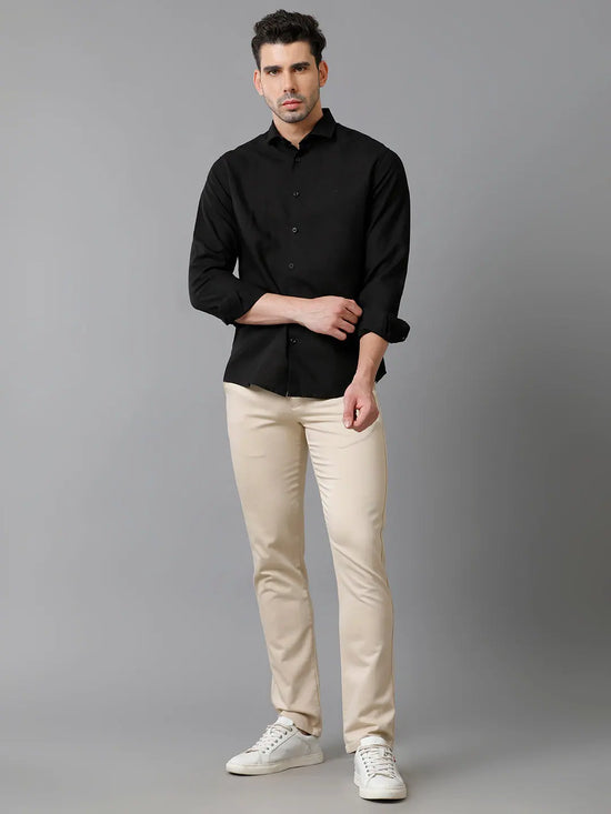 Mens Regular Fit Solid Black Casual Linen Shirt-LEGEN-S