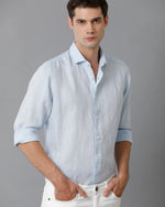 Mens Regular Fit Solid Blue Casual Linen Shirt-LEWIS-S