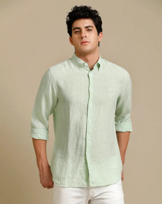 Mens Regular Fit Tea Green Solid Casual Linen Shirt