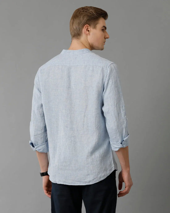 Mens Regular Fit Solid Blue Casual Linen Shirt-LAUNI-S