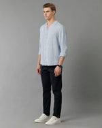 Mens Regular Fit Solid Blue Casual Linen Shirt-LAUNI-S