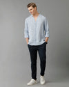 Mens Regular Fit Solid Blue Casual Linen Shirt-LAUNI-S