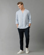 Mens Regular Fit Solid Blue Casual Linen Shirt-LAUNI-S