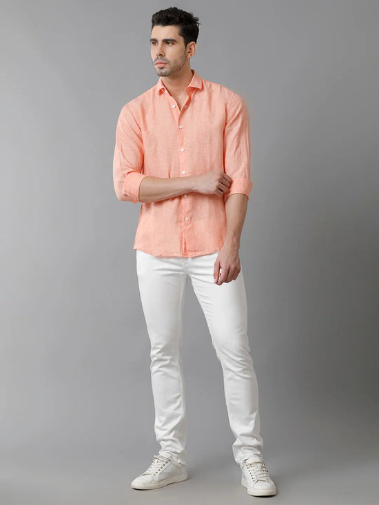 Mens Regular Fit Solid Orange Casual Linen Shirt-LENNO-S