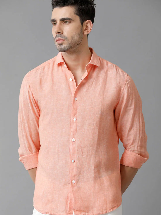 Mens Regular Fit Solid Orange Casual Linen Shirt-LENNO-S