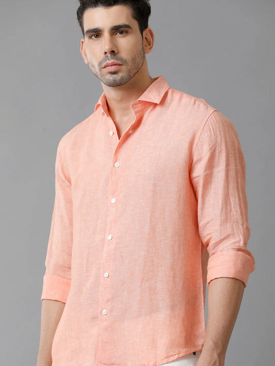 Mens Regular Fit Solid Orange Casual Linen Shirt-LENNO-S