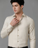 Mens Slim Fit Check Off White/Beige Casual Linen Blend Shirt