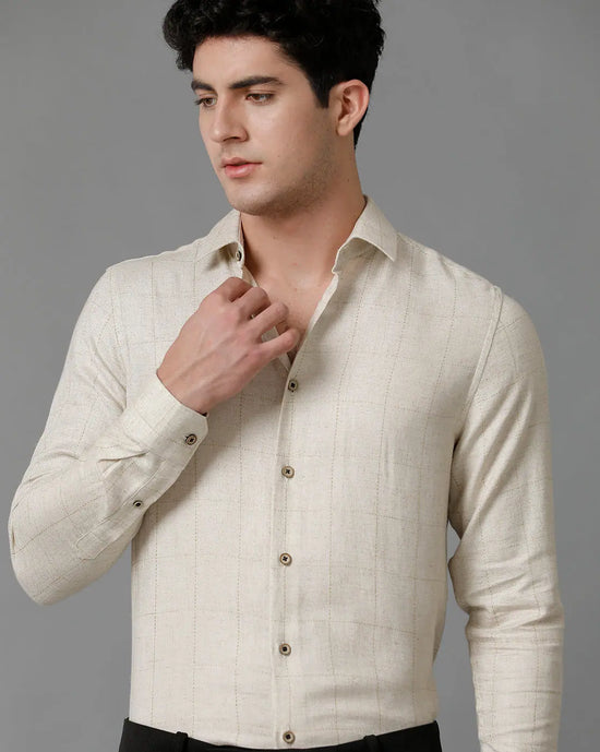 Mens Slim Fit Check Off White/Beige Casual Linen Blend Shirt