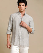 Mens Regular Fit Grey Green/Whiet Stripe Casual Linen Shirt