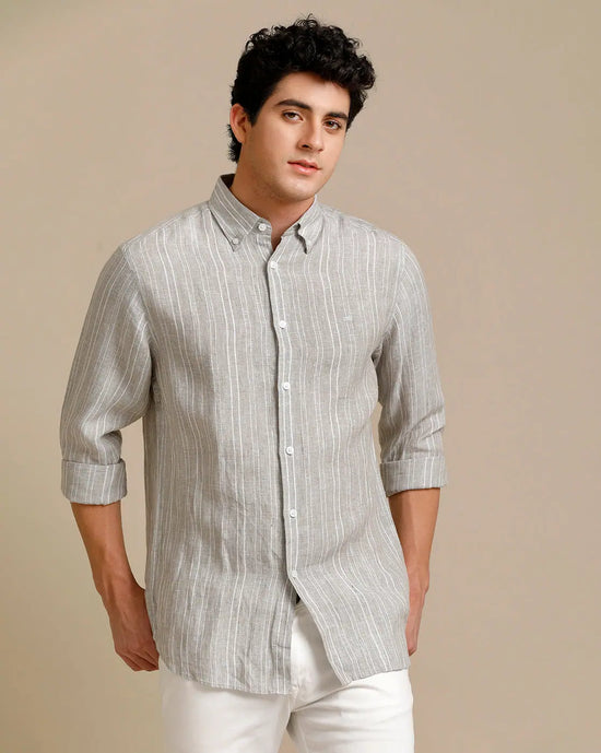 Mens Regular Fit Grey Green/Whiet Stripe Casual Linen Shirt