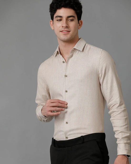 Mens Slim Fit Vertical Brown/Brown A/W Linen Blend Shirt