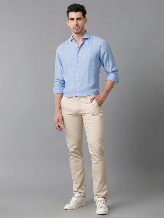 Mens Regular Fit Solid Blue Casual Linen Shirt-LEVON- M